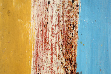 Old metal wall with yellow and blue and rust texture background