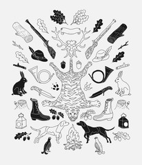Hunting. Doodle. Vintage decor elements.