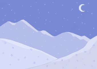 Low Poly Landscape, Night Snowy Mountains and Moon in the Sky. Vector