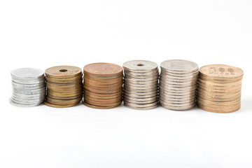 Pile of all coins japanese money on white background.