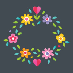 Cute floral text frame with copy space in bright colors on charcoal background. With bright colored Spring flowers for Mother's Day, Birthday , Thank You or Easter cards, tags, social media banners.