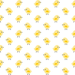 Seamless Spring or Easter background pattern with cute little chickens in yellow and white. For cards, tags, textiles, wallpapers, gift wrapping paper.