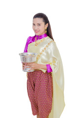 Beautiful Thai girl in traditional dress over white background