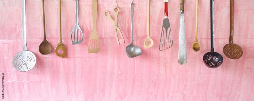 Wall mural vintage kitchen utensils, free copy space