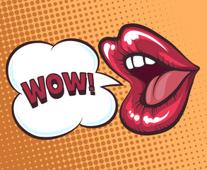 Mouth with speach bubble. Wow and female mouth in pop art style concept for advertising or poster. Vector illustration
