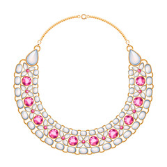 Many chains golden metallic necklace with pearls and rubies.