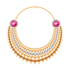Many chains golden metallic necklace with diamonds and rubies.
