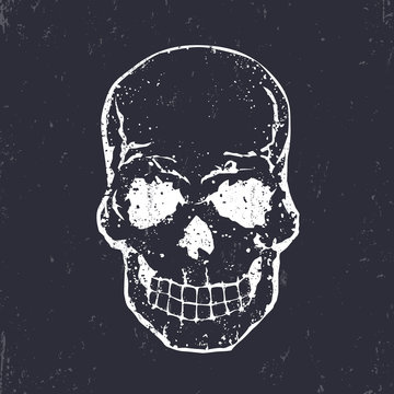 grunge skull, old school t-shirt design with skull, white on dark, vector illustration