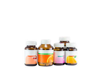 pill bottle in isolated, glass, colorful,