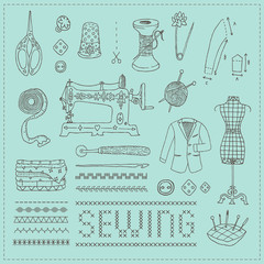 Illustration of vintage sewing accessories. Vector. Doodle. Isolated.