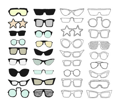 Set of sunglasses and glasses. Sketch. Vector illustration.