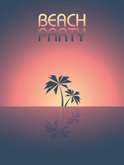 Fototapeta na wymiar Beach party template background for promotional posters and flyers. Retro 80s style leaflet with palm trees in sunset.