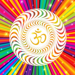 Om symbol on Colorful Rays Psychedelic Background