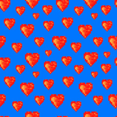 Pop art seamless pattern. Pixel hearts on blue background