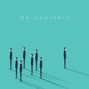 Be yourself business concept vector illustration. Innovative and creative businessman stand out from the crowd.