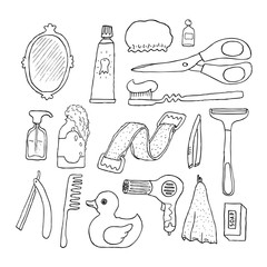 Bathroom. Cosmetics objects. Doodles. Isolated. Vector.