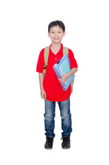 Young Asian schoolboy with backpack over white