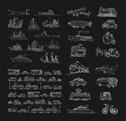 Big set with different transport. Passenger transport. Traffic. Retro transport. Set with boats.  Isolated  on a black background.
