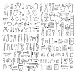 Big household objects set. Kitchenware. Set  of stationery. Garden tools. Construction tool collection. Doodles. Isolated.