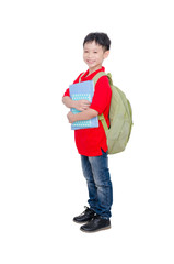 Young Asian schoolboy with backpack over white