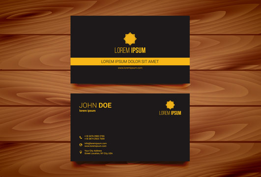 Minimal modern business card design with wooden background. Easy to edit, manipulate, re-size or colorize.