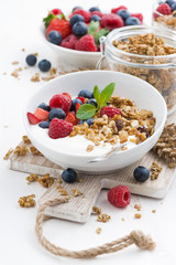 healthy breakfast with natural yogurt, muesli and fresh berries