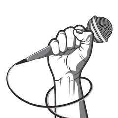 hand holding a microphone in a fist.  vector illustration in black and white  style