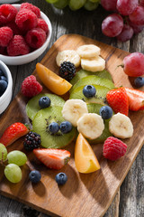 ingredients for fruit salad on wooden board, vertical, close-up