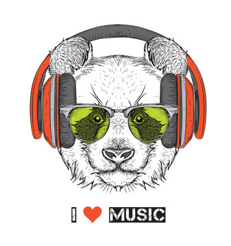 The image of the panda in the glasses, headphones and in hip-hop hat. Vector illustration.