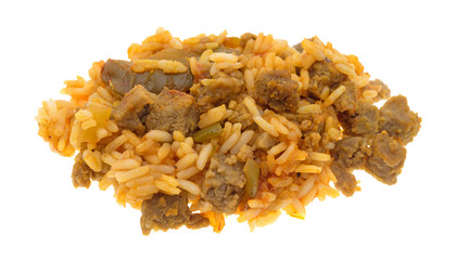 Portion of rice peppers and beef chunks on white background