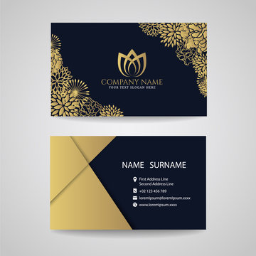 Business card - gold floral frame and lotus logo and gold paper on dark  blue background Stock Vector | Adobe Stock