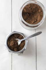 Coffee preparation on old wooden table