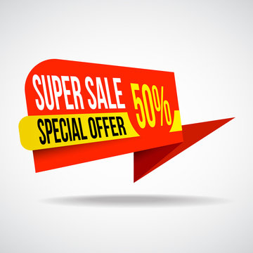 Red and yellow Super Sale paper banner background and special offer. 50% off. Vector illustration.