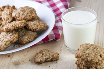 Plate with oatmeal cookies and milk