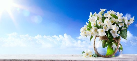Nature  background with spring flowers a  blue sky background