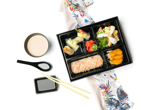 Japanese Meal In A Box Bento Isolated On White Background