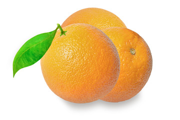 Orange fruit with leaves isolated on white background
