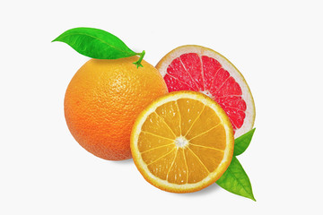 Orange and grapefruit on white background with leaves