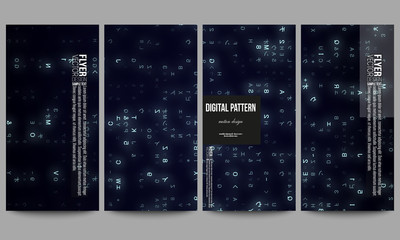 Set of modern flyers. Virtual reality, abstract technology background with blue symbols, vector illustration.