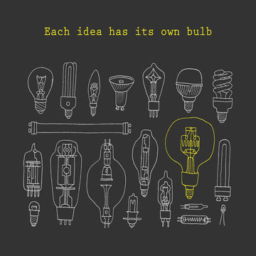 Different light bulb icon collection in doodle style. Isolated. Vector.