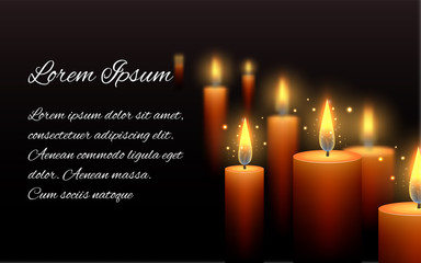 Template letter of condolence with burning candle in the dark