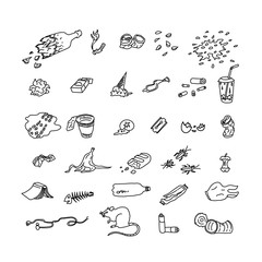 Set of street garbage and waste in doodle style.