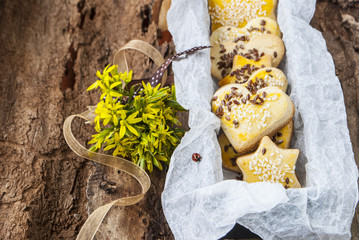 cookies with sesame seeds, homemade cakes.