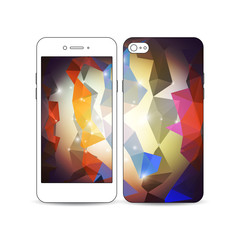 Mobile smartphone with an example of the screen and cover design isolated on white background. Abstract colorful polygonal background, modern stylish triangle vector texture