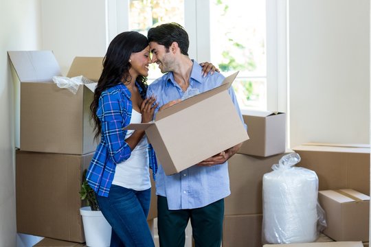 Young couple standing face to face while carrying cardboard box