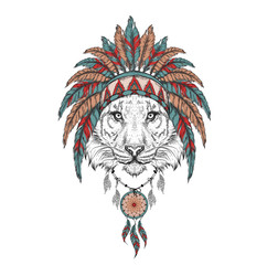tiger in the Indian roach. Indian feather headdress of eagle. Hand draw vector illustration