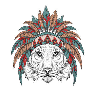 tiger in the Indian roach. Indian feather headdress of eagle. Hand draw vector illustration