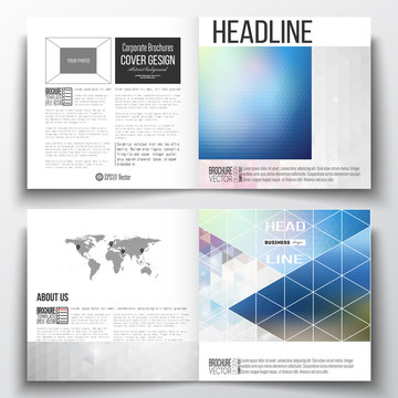 Set of annual report business templates for brochure, magazine, flyer or booklet. Abstract colorful polygonal background with blurred image on it, modern stylish triangle vector texture