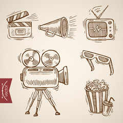 Fototapeta premium Cinema TV television film show popcorn engraving vector vintage