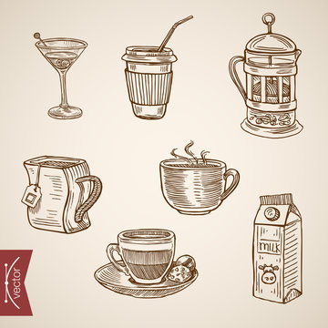 Hot beverage cups tea milk coffee late engraving vector vintage